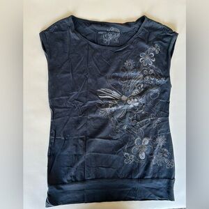 Esprit Navy Floral Cap-Sleeve Tank Top size XL Y2K